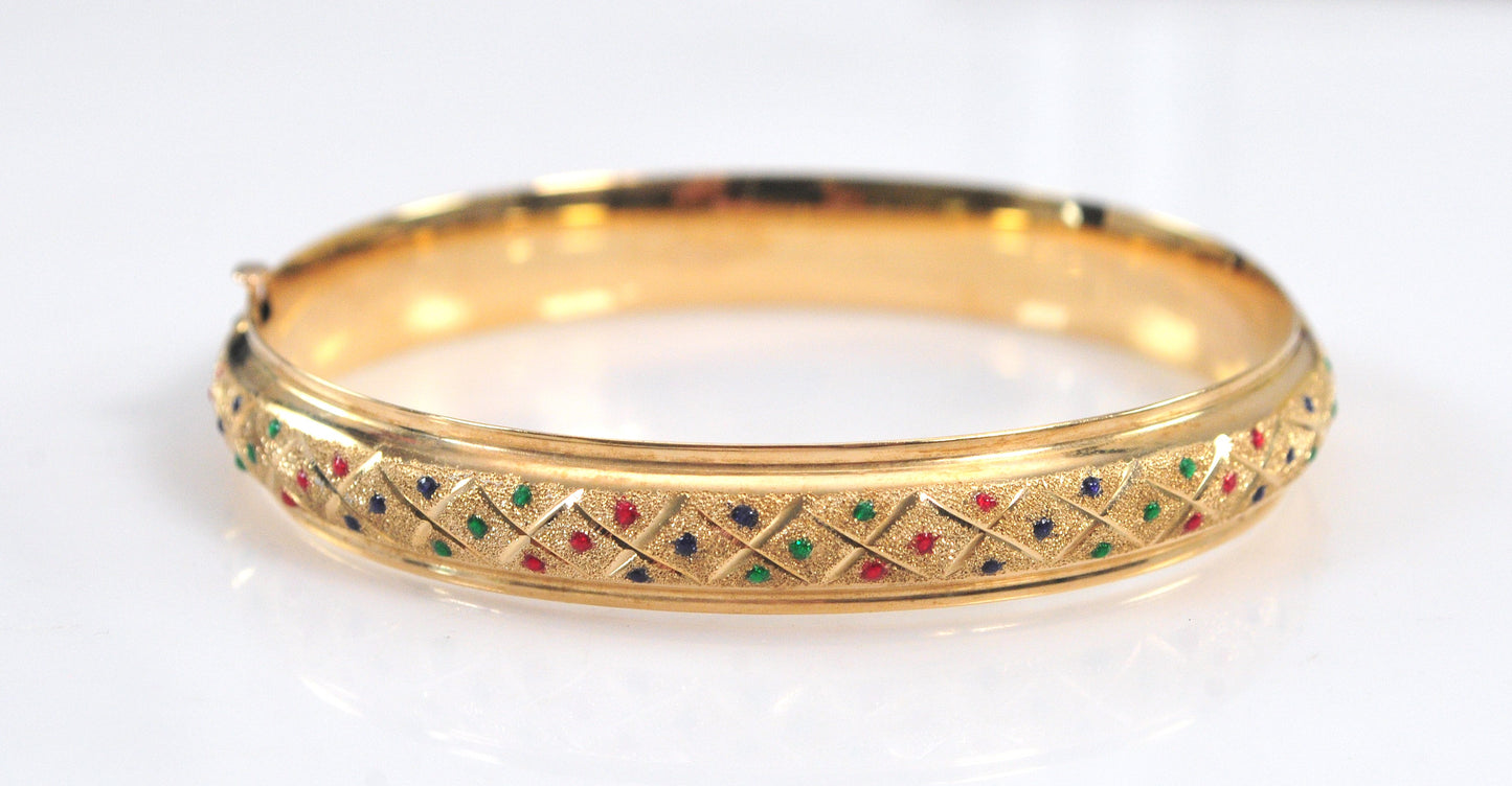 Estate 14K Gold Enamel Dot Bangle Bracelet