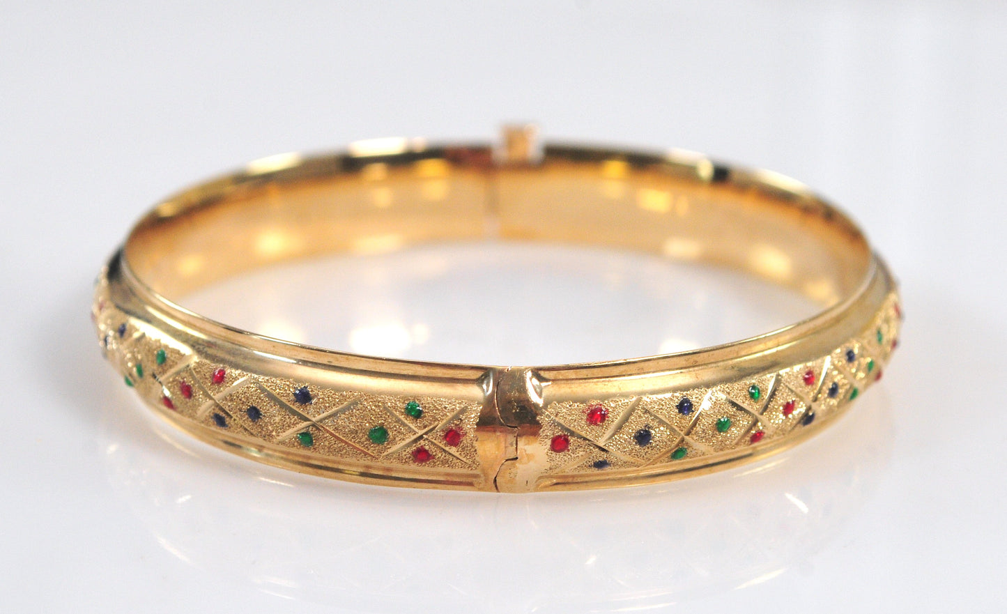 Estate 14K Gold Enamel Dot Bangle Bracelet
