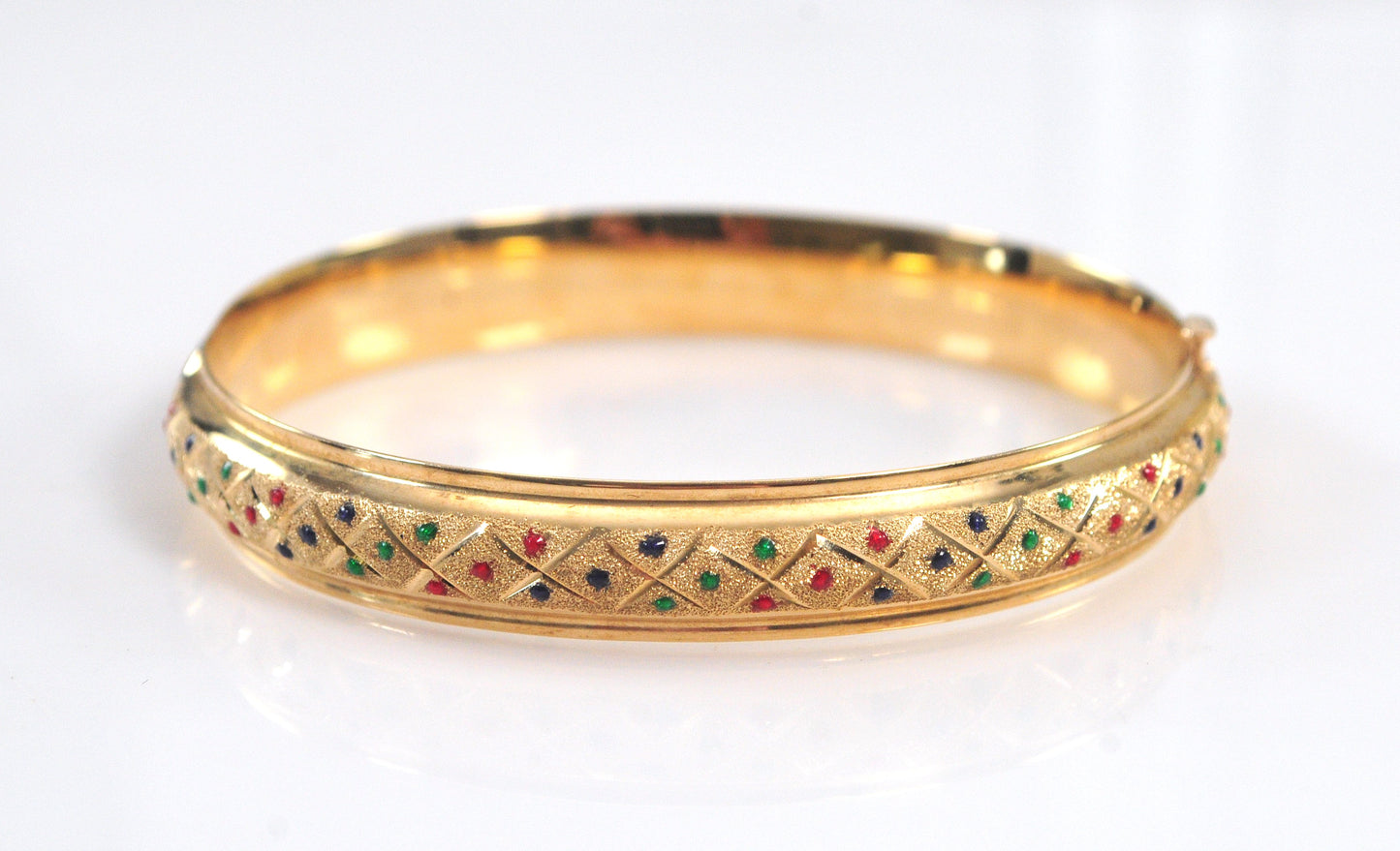 Estate 14K Gold Enamel Dot Bangle Bracelet