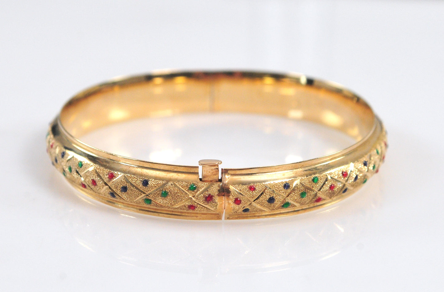 Estate 14K Gold Enamel Dot Bangle Bracelet