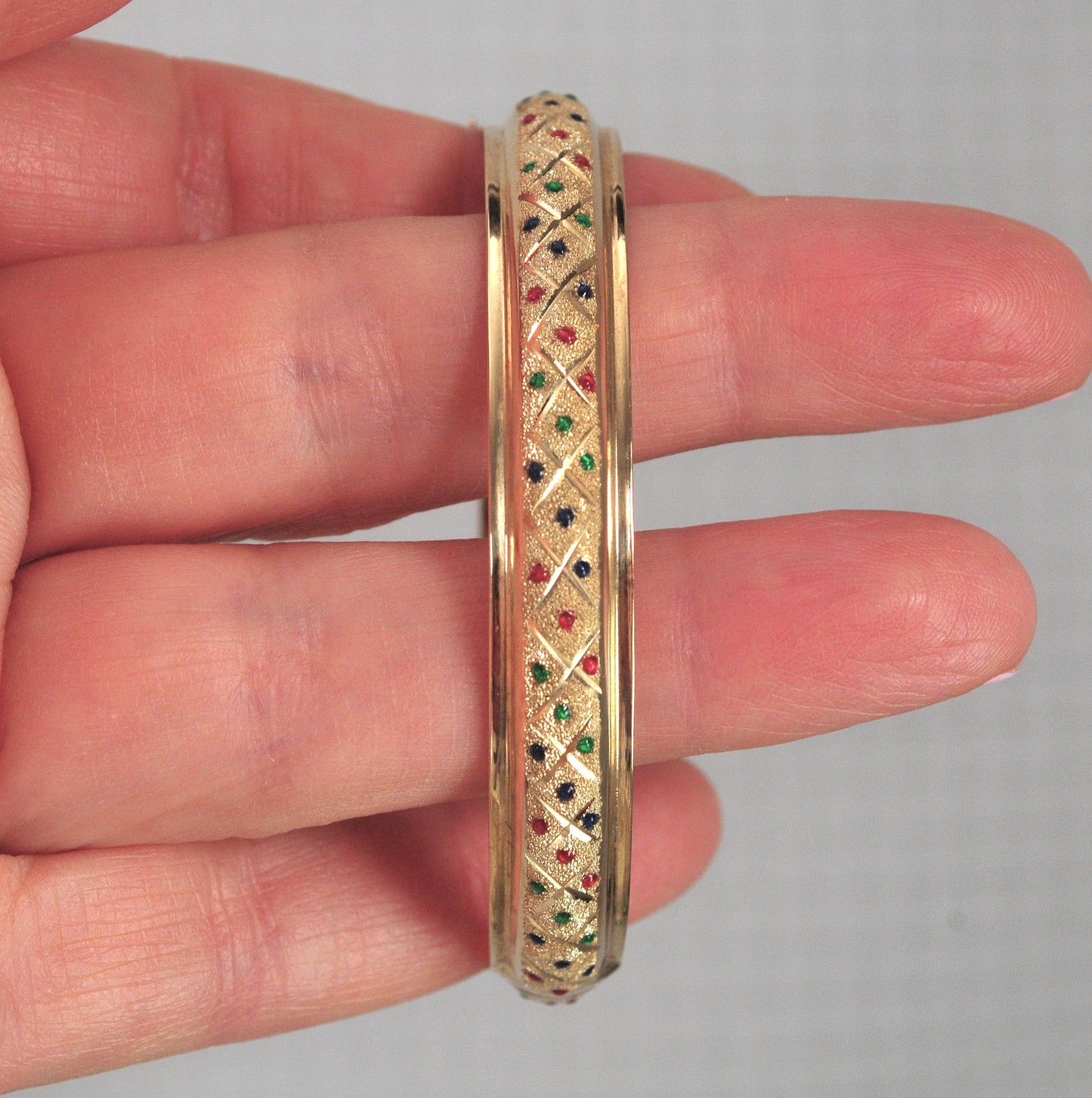 Estate 14K Gold Enamel Dot Bangle Bracelet