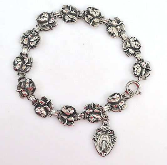 Vintage Sterling Silver Religious Rose Bracelet | Jesus, Mary and Saint Joseph