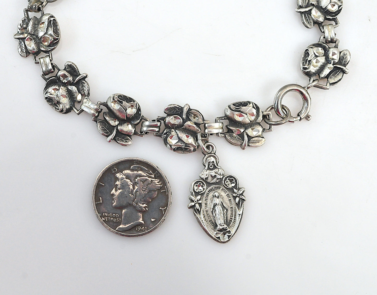 Vintage Sterling Silver Religious Rose Bracelet | Jesus, Mary and Saint Joseph