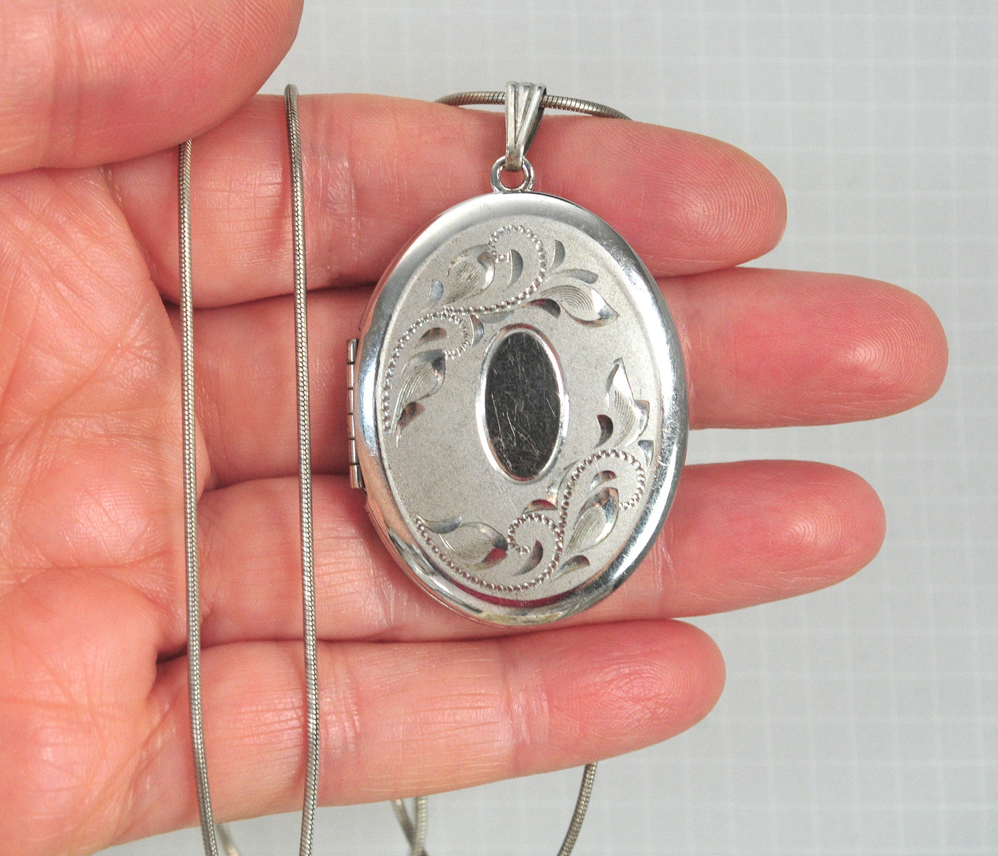 Large Sterling Silver Oval Locket Necklace