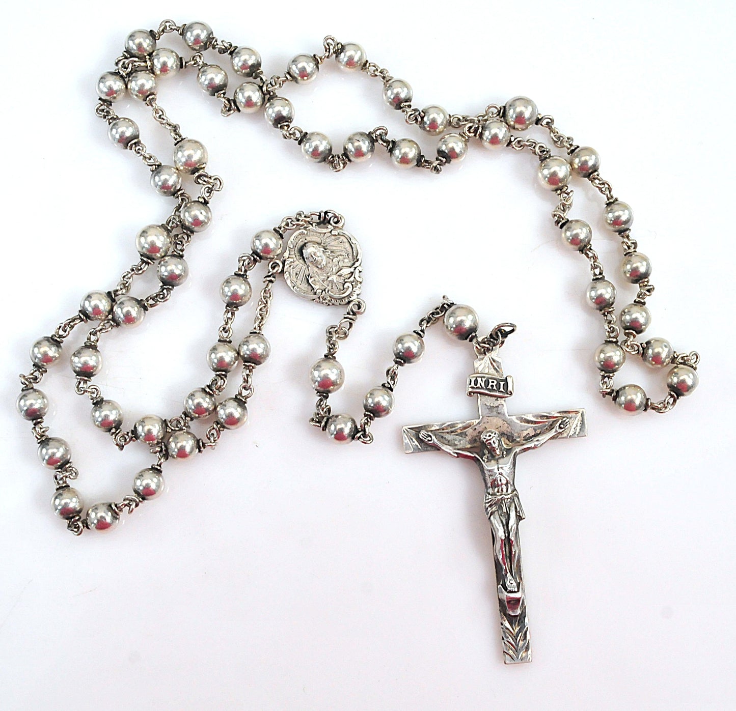 Vintage Sterling Silver Saint Rosary Bead Necklace