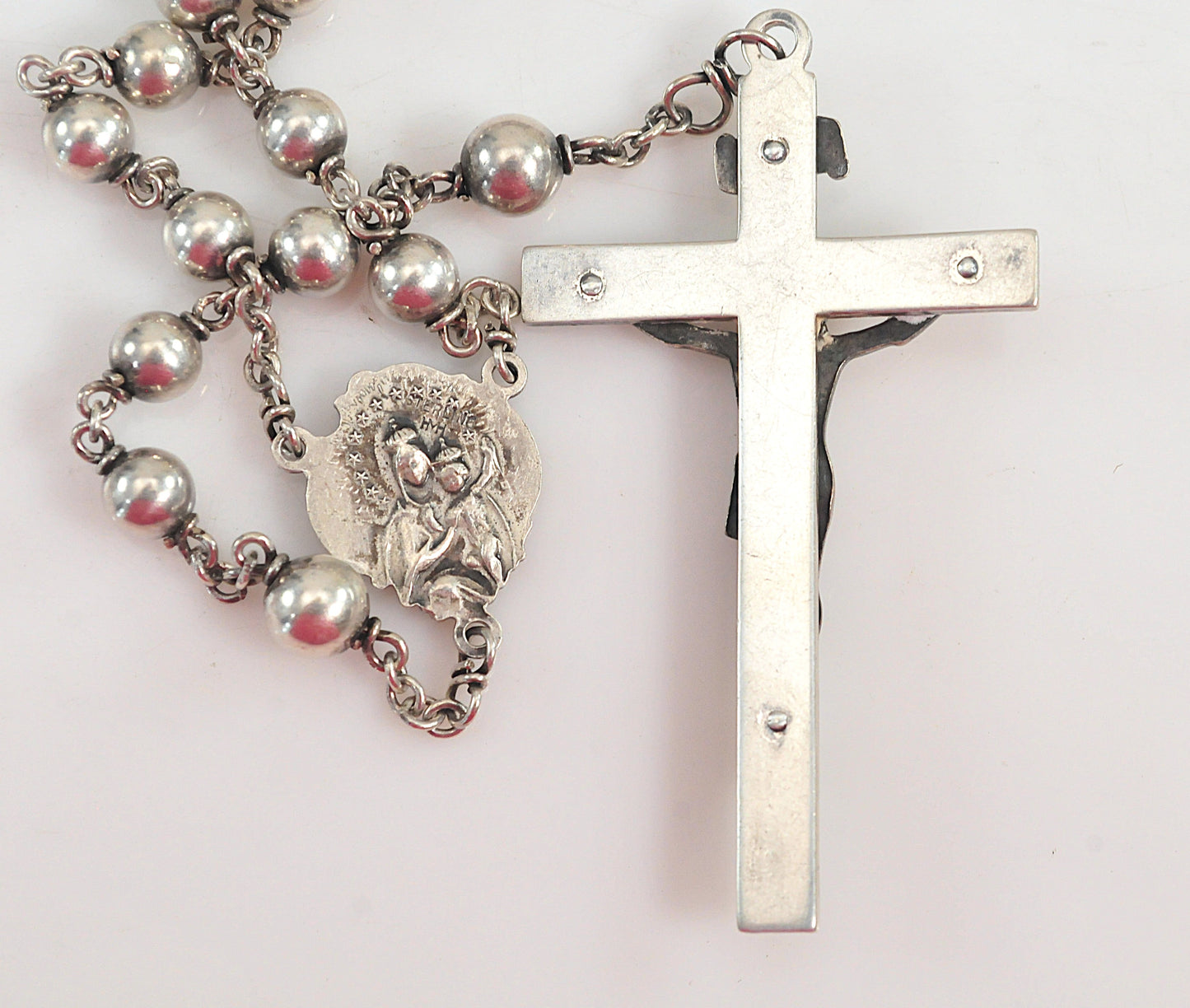 Vintage Sterling Silver Saint Rosary Bead Necklace