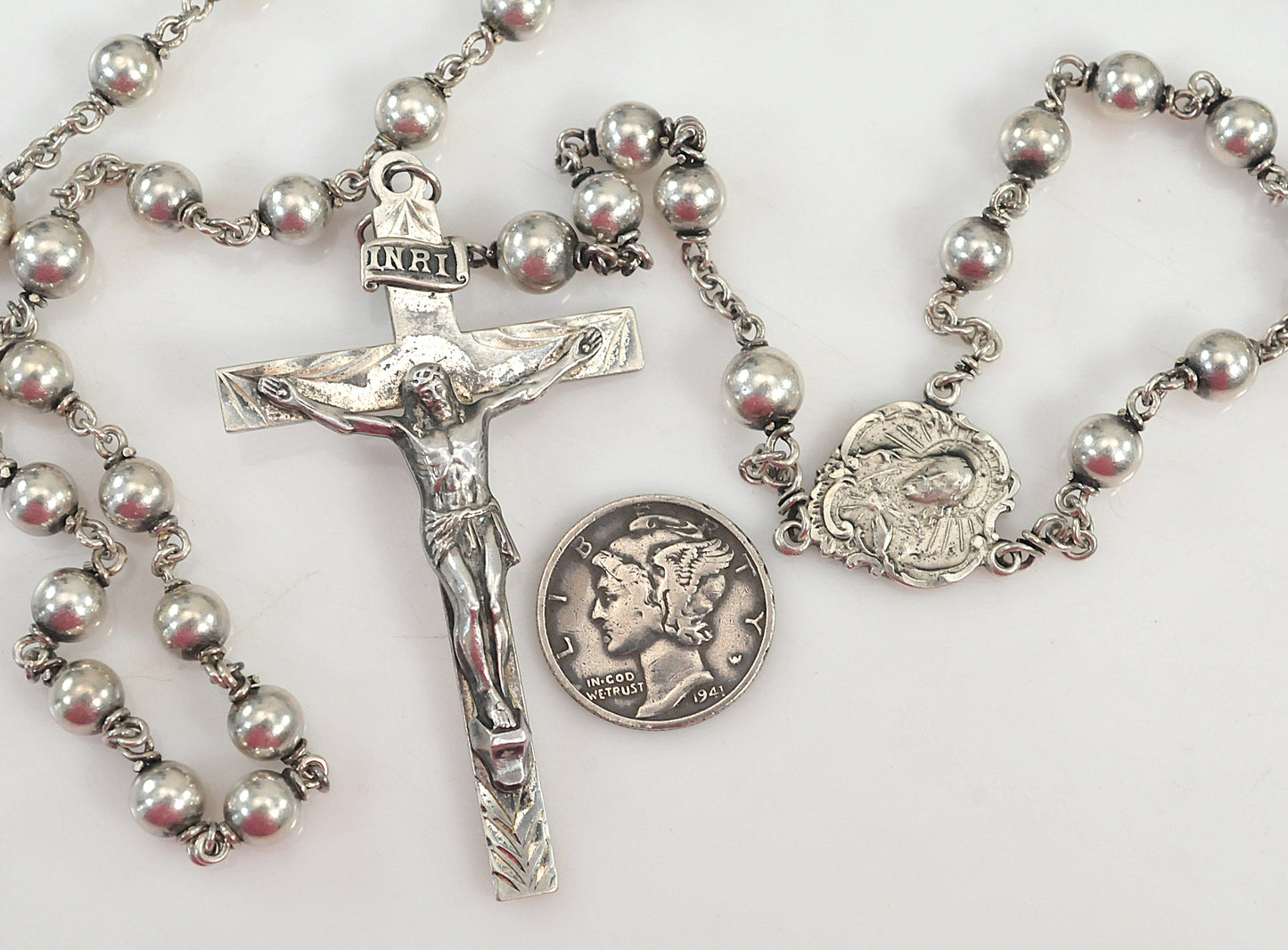 Vintage Sterling Silver Saint Rosary Bead Necklace