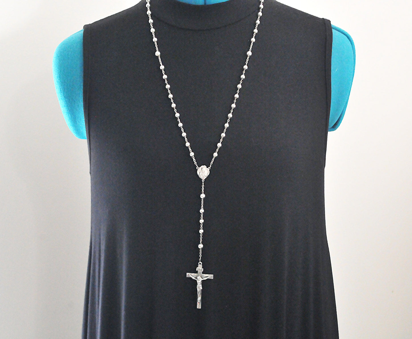 Vintage Sterling Silver Saint Rosary Bead Necklace