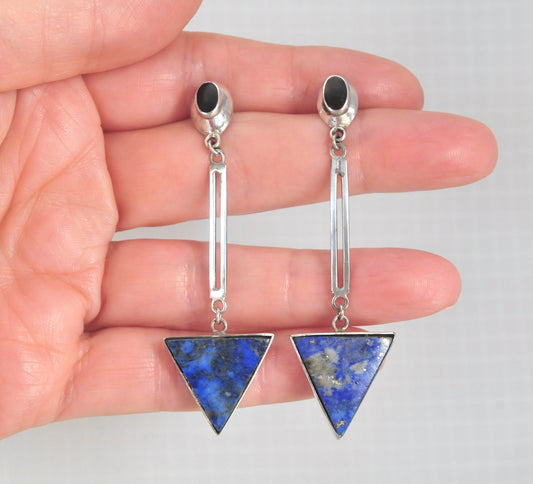 Vintage Sterling Silver Geometric Lapis Earrings