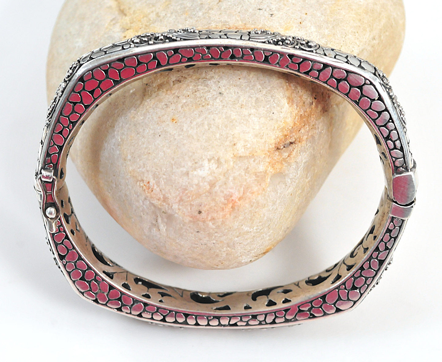 Heavy Sarda 925 Ornate Bali Hinged Bangle Bracelet