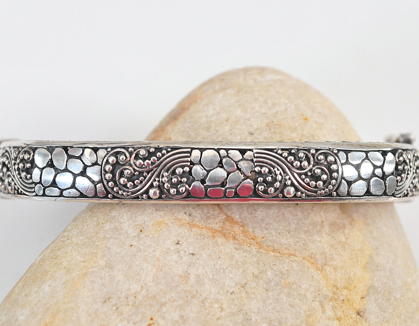 Heavy Sarda 925 Ornate Bali Hinged Bangle Bracelet