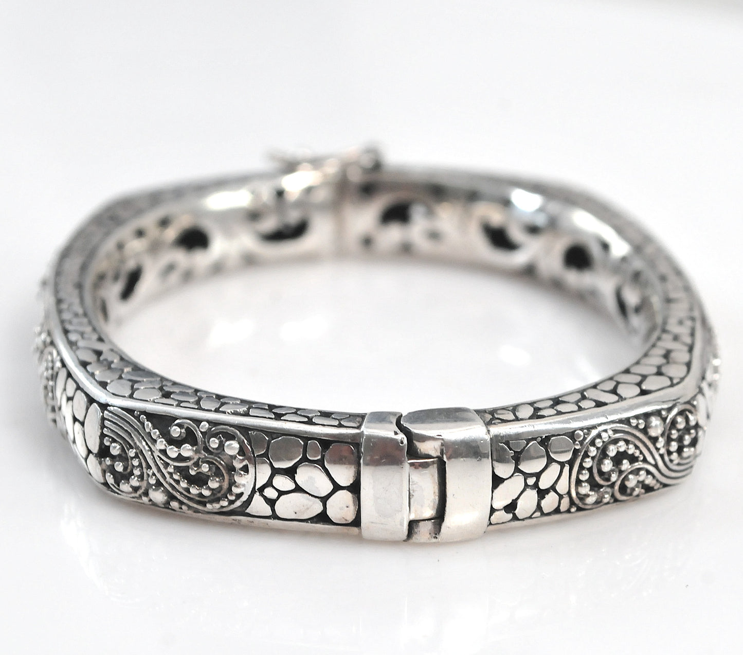 Heavy Sarda 925 Ornate Bali Hinged Bangle Bracelet