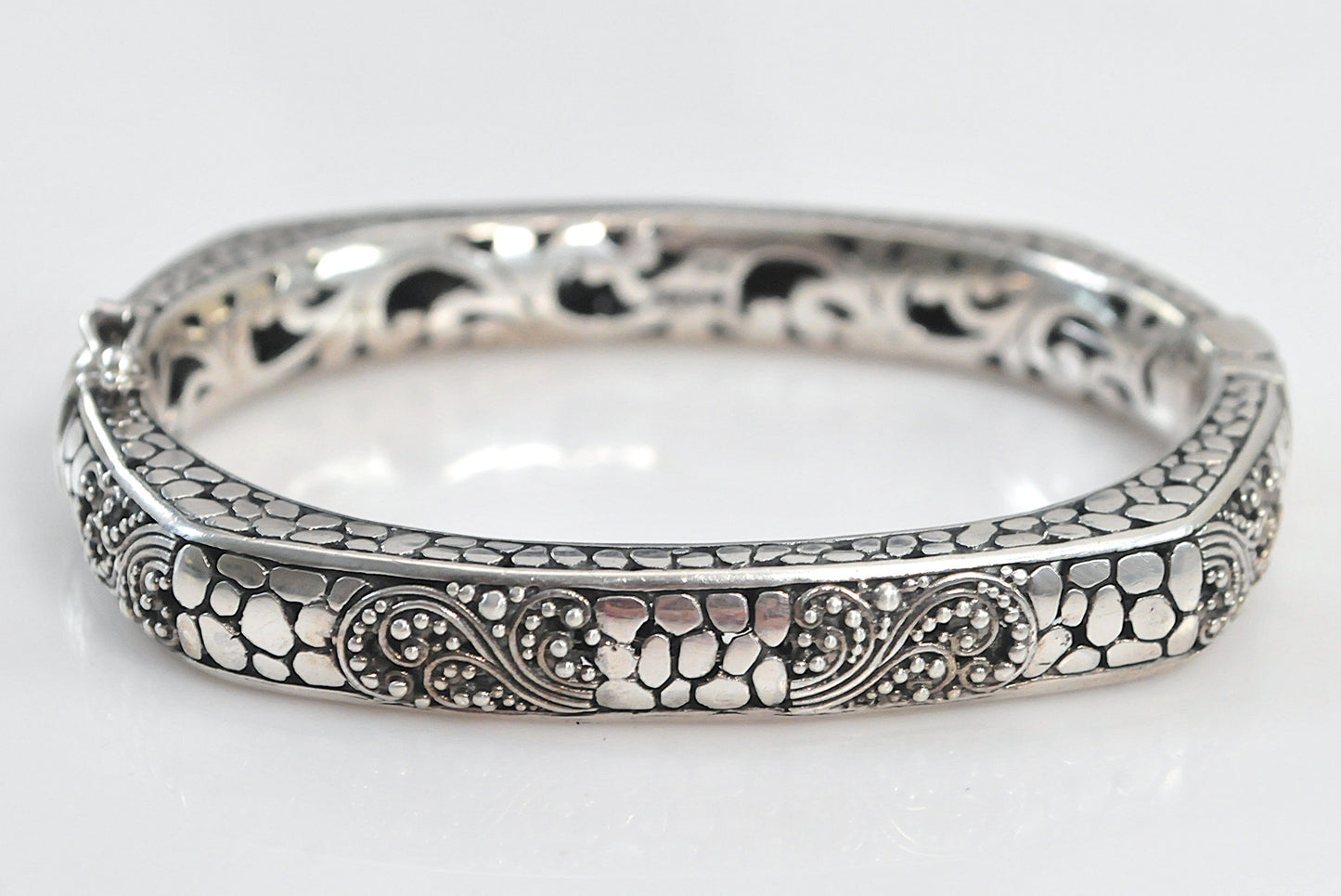 Heavy Sarda 925 Ornate Bali Hinged Bangle Bracelet