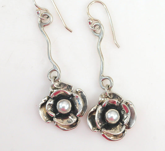 Artisan Signed Sterling Silver Flower Earrings