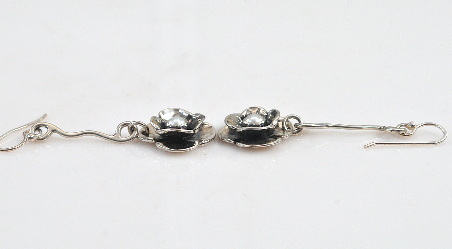 Artisan Signed Sterling Silver Flower Earrings