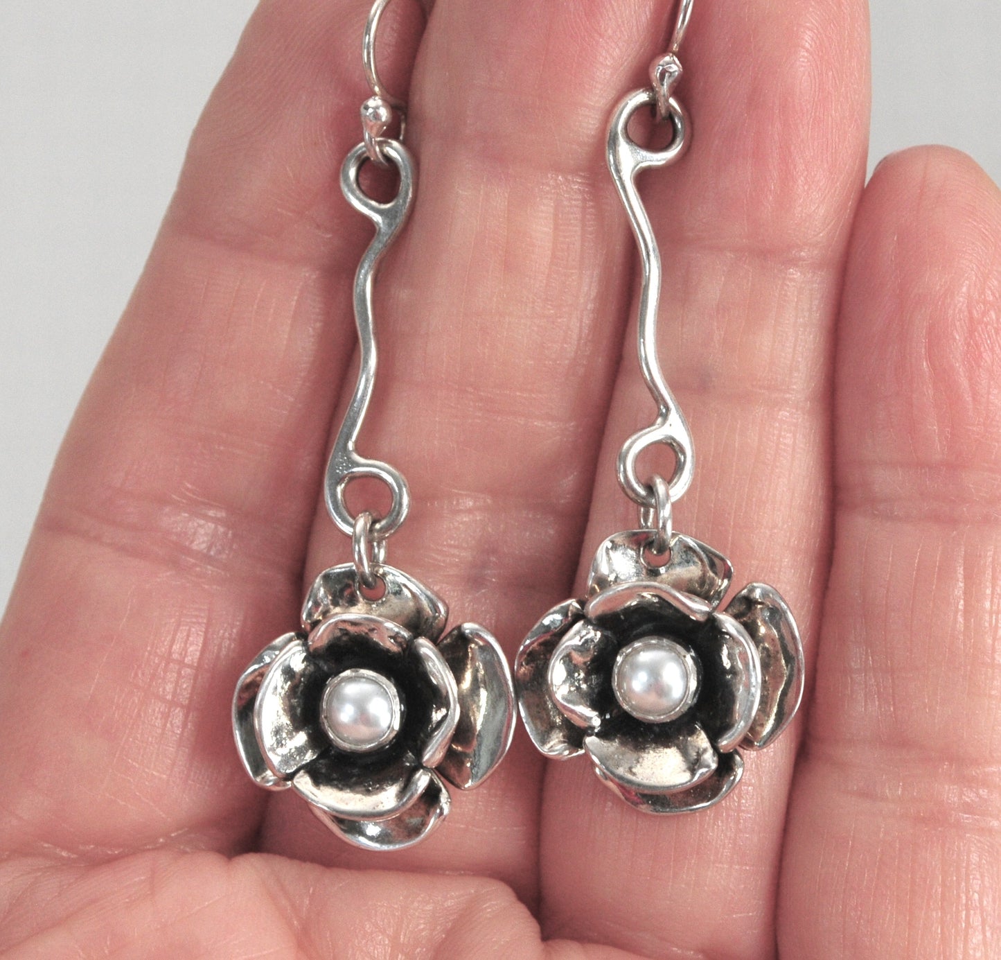 Artisan Signed Sterling Silver Flower Earrings