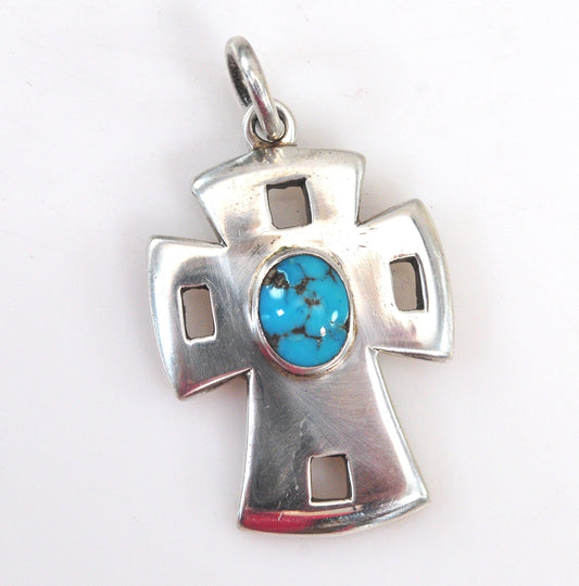 Native American Signed Sterling Silver Turquoise Cross Pendant