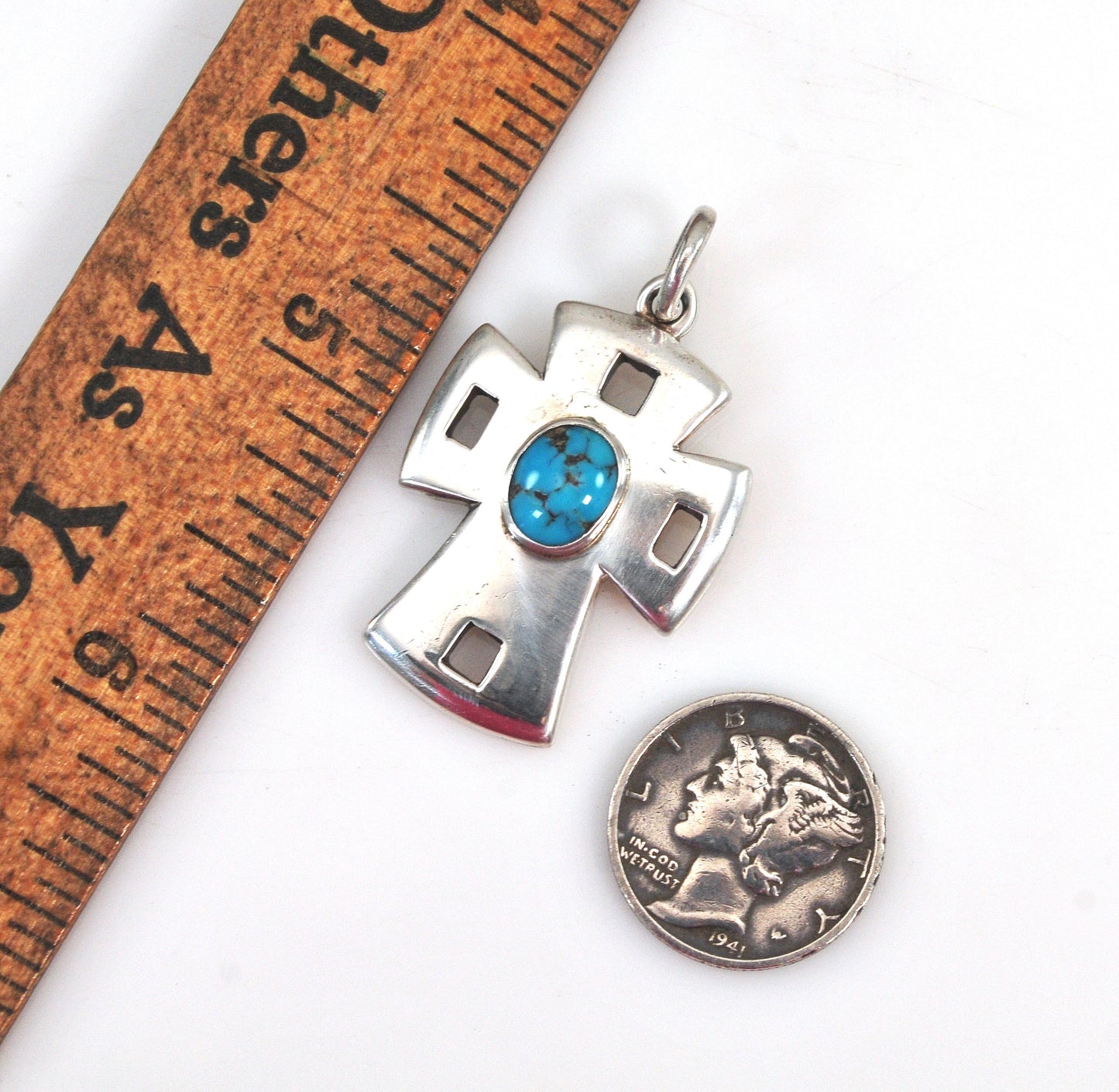 Native American Signed Sterling Silver Turquoise Cross Pendant