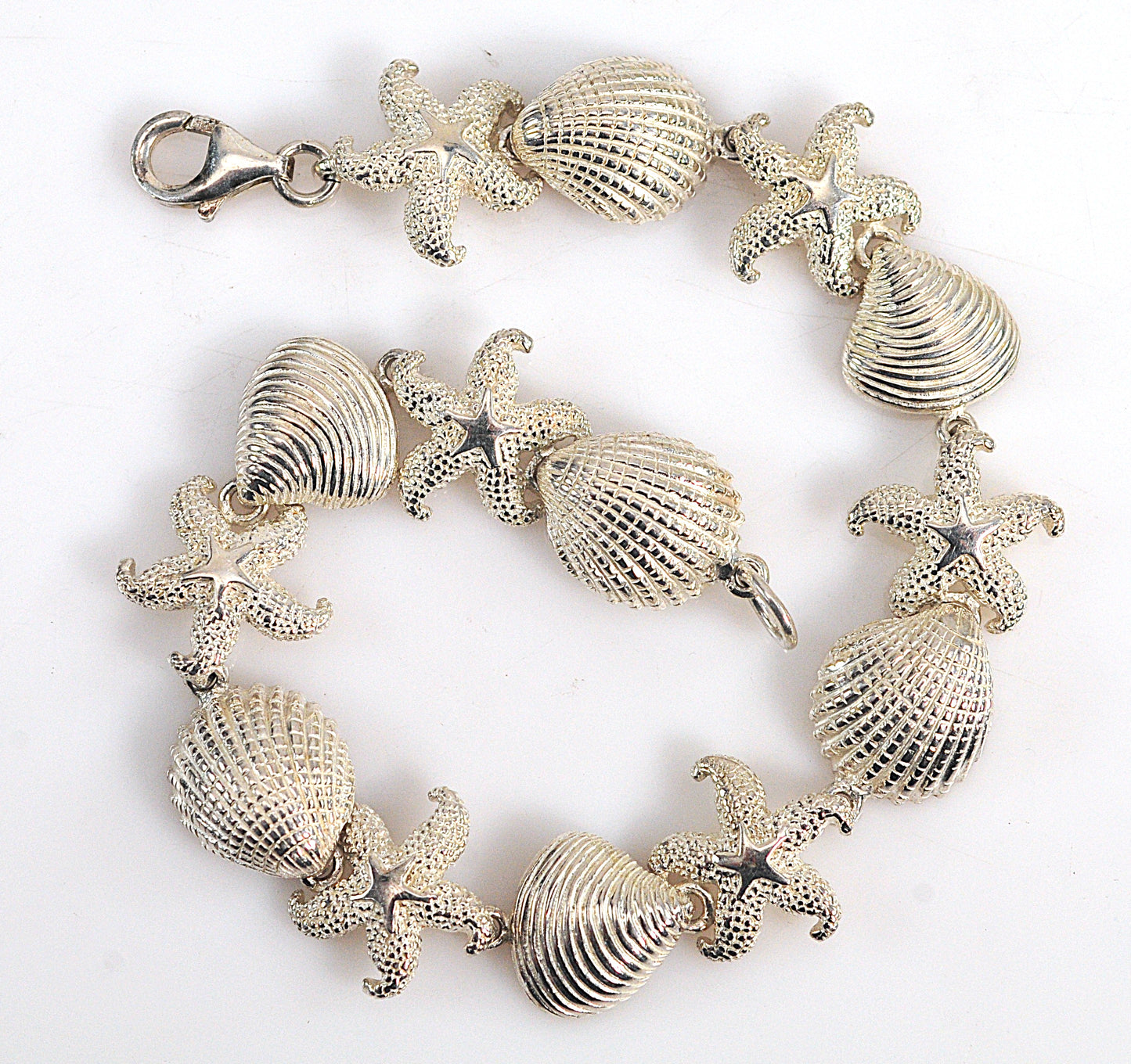 Designer Sterling Silver Seashell Starfish Link Bracelet