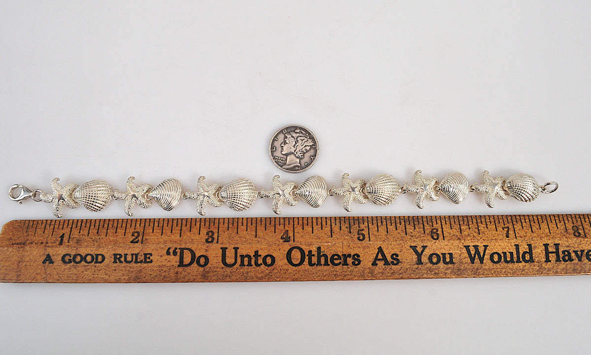Designer Sterling Silver Seashell Starfish Link Bracelet