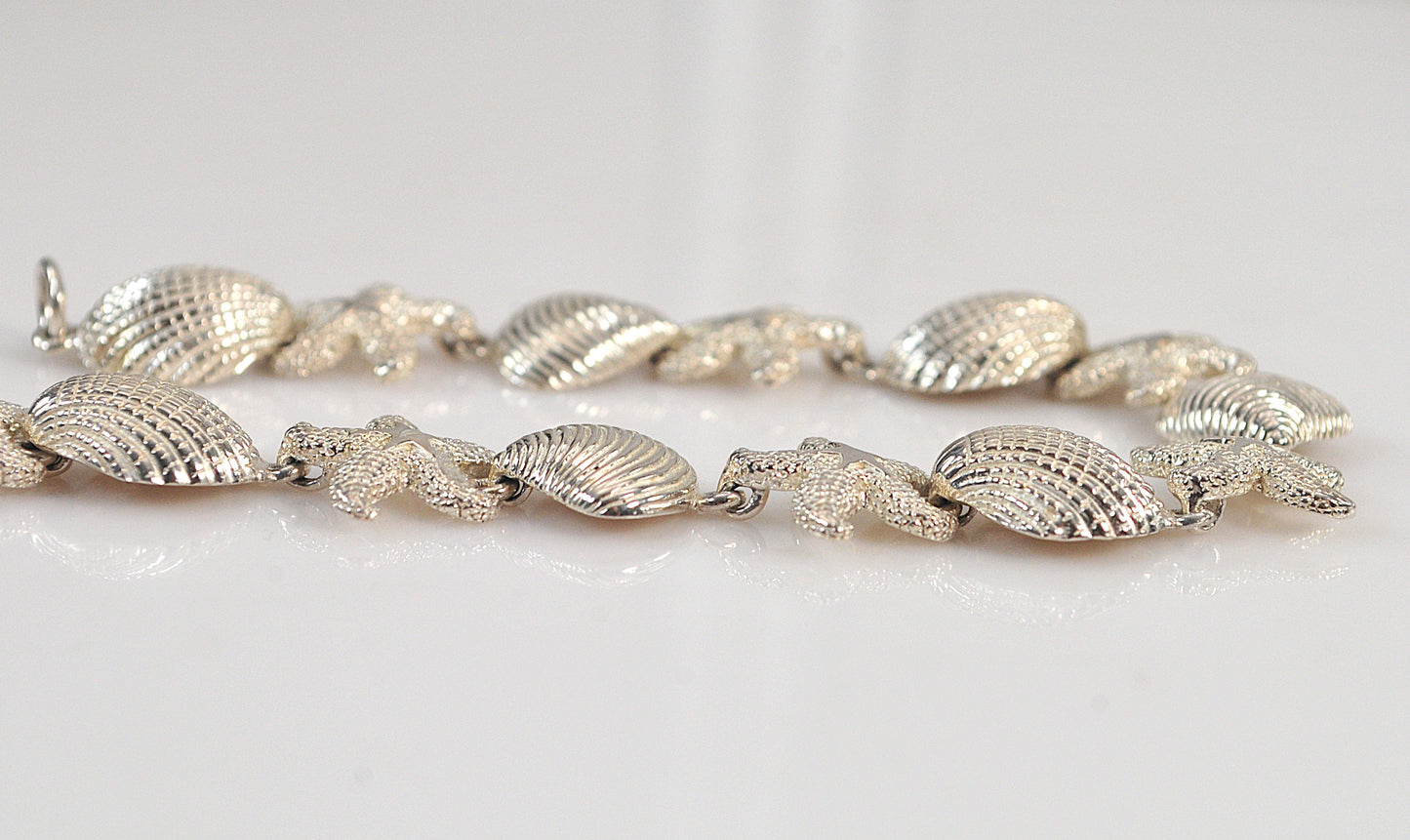Designer Sterling Silver Seashell Starfish Link Bracelet