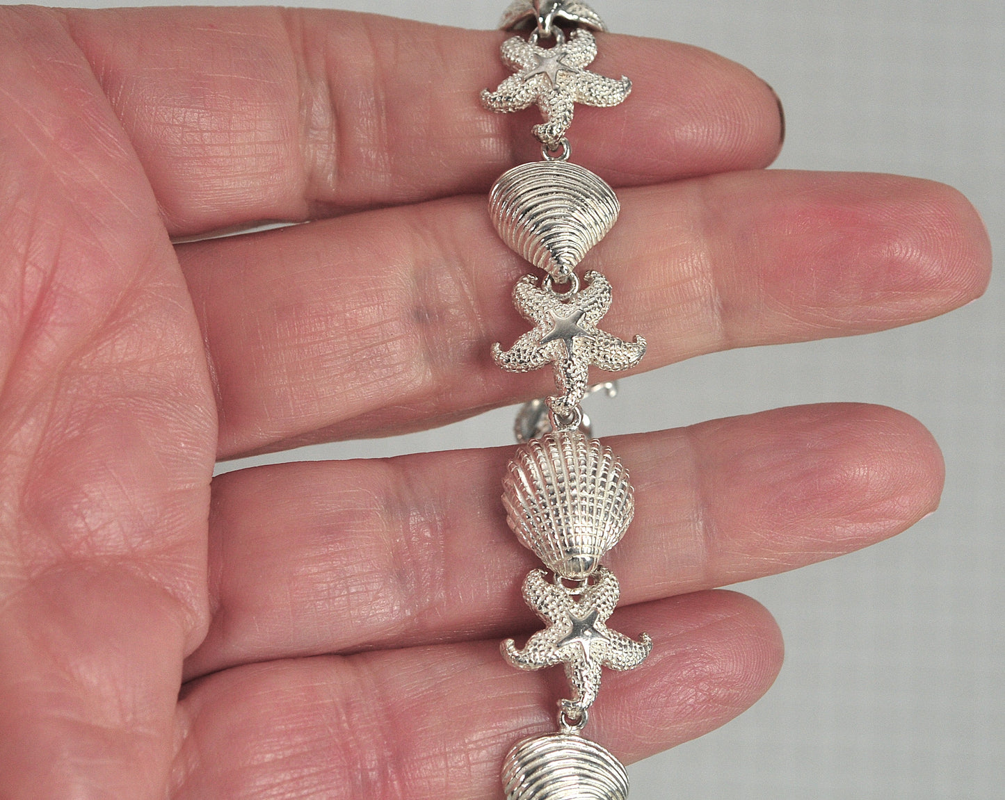 Designer Sterling Silver Seashell Starfish Link Bracelet