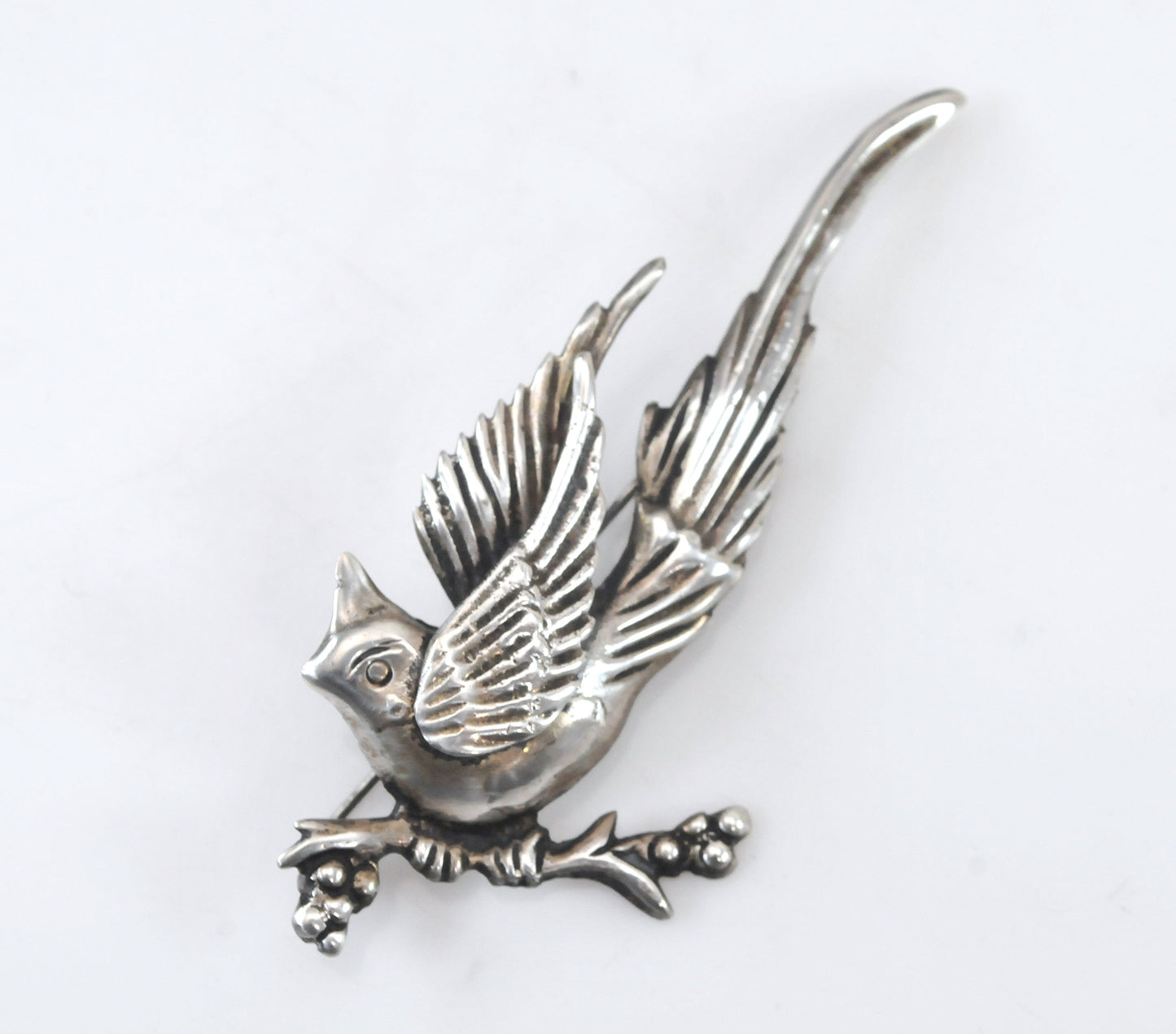 Large Sterling Silver Cardinal Bird Brooch