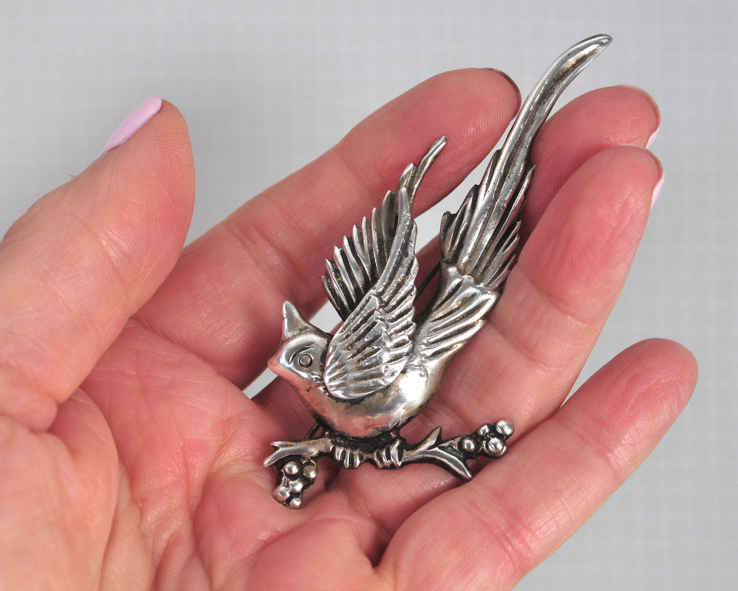 Large Sterling Silver Cardinal Bird Brooch