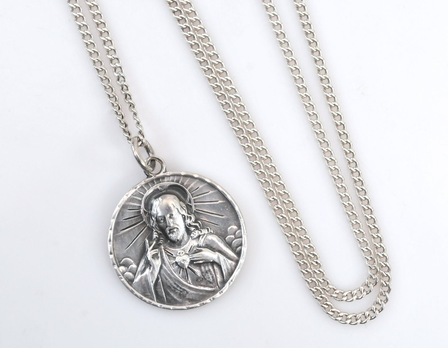 Vintage HMH Sterling Silver Sacred Heart of Jesus Medal Necklace