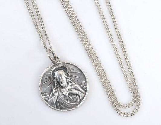 Vintage HMH Sterling Silver Sacred Heart of Jesus Medal Necklace