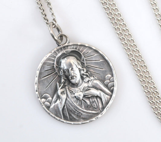 Vintage HMH Sterling Silver Sacred Heart of Jesus Medal Necklace