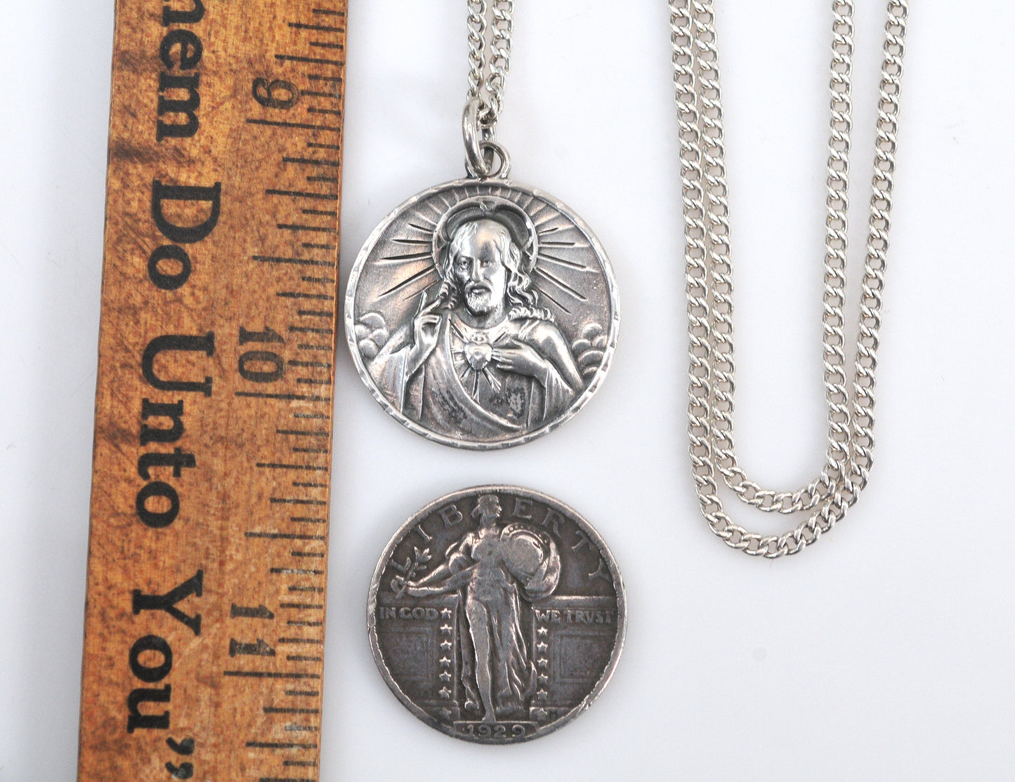 Vintage HMH Sterling Silver Sacred Heart of Jesus Medal Necklace