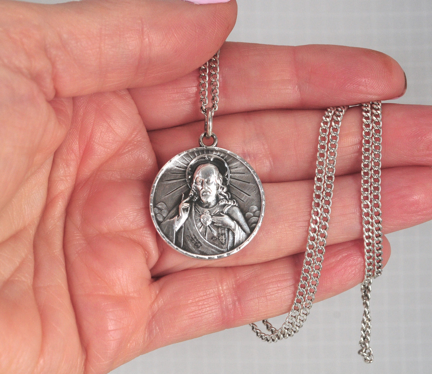 Vintage HMH Sterling Silver Sacred Heart of Jesus Medal Necklace