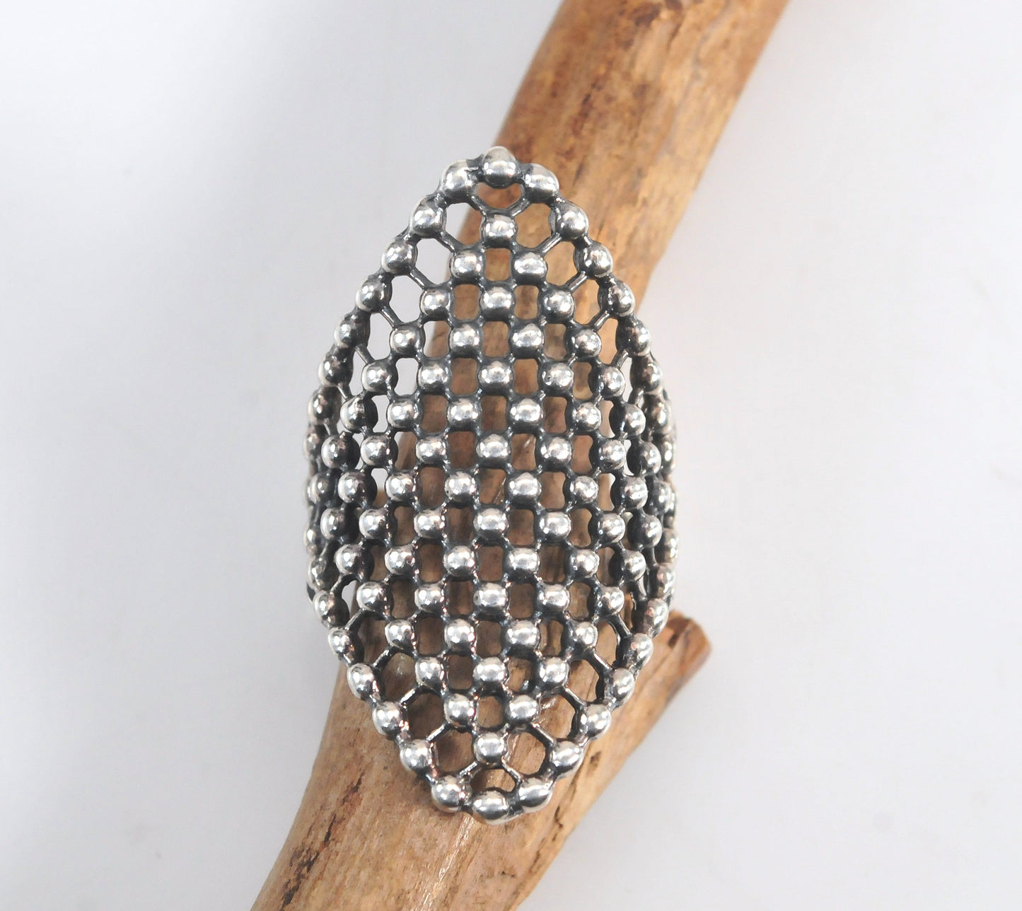 Vintage Sterling Silver Beaded Mesh Ring