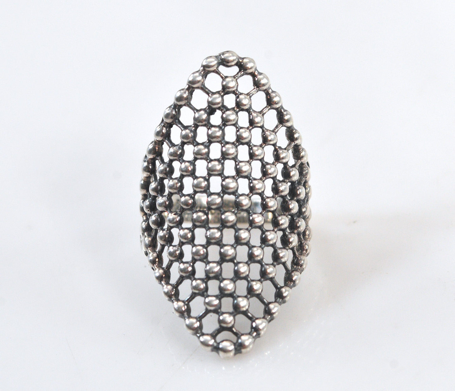 Vintage Sterling Silver Beaded Mesh Ring