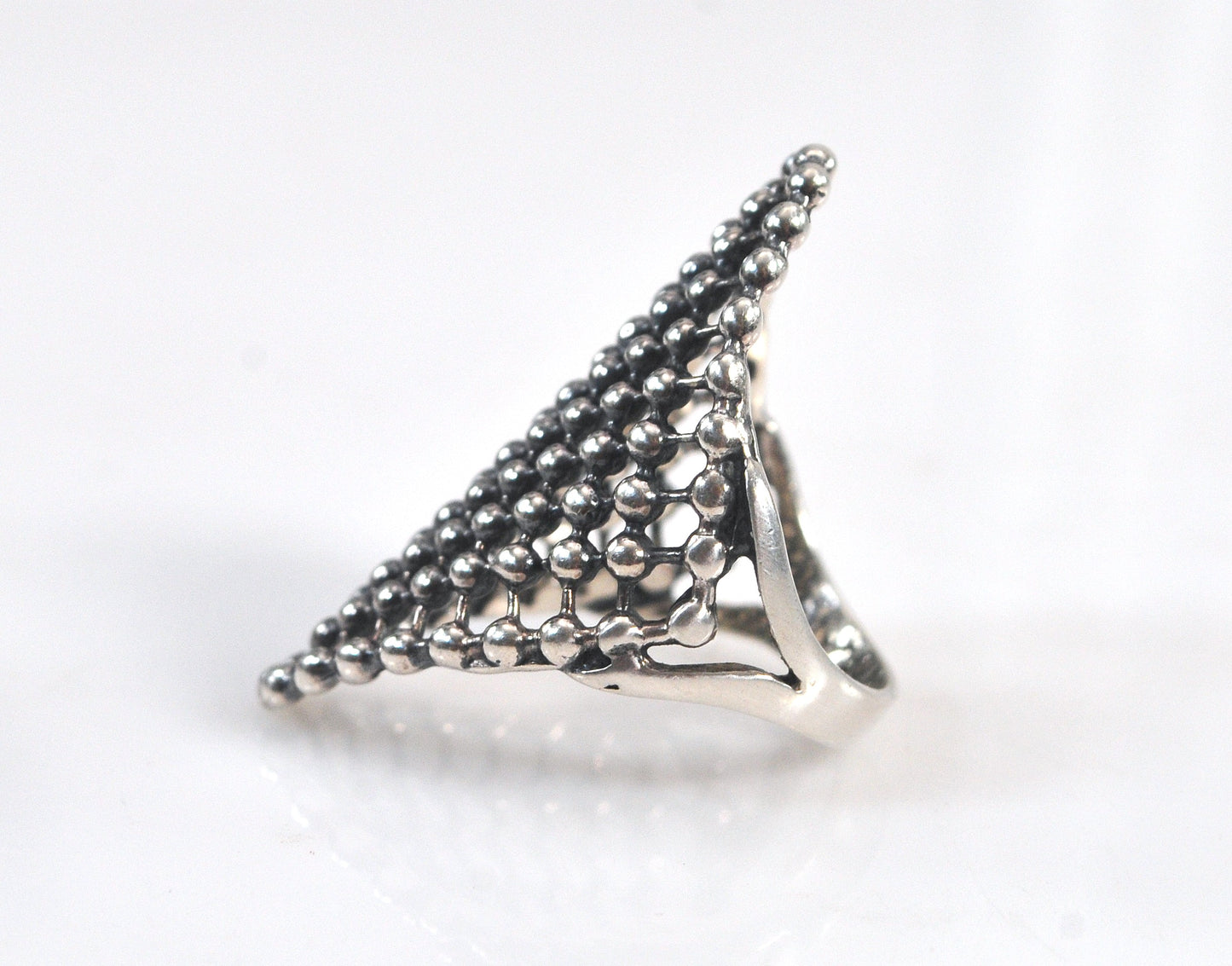 Vintage Sterling Silver Beaded Mesh Ring