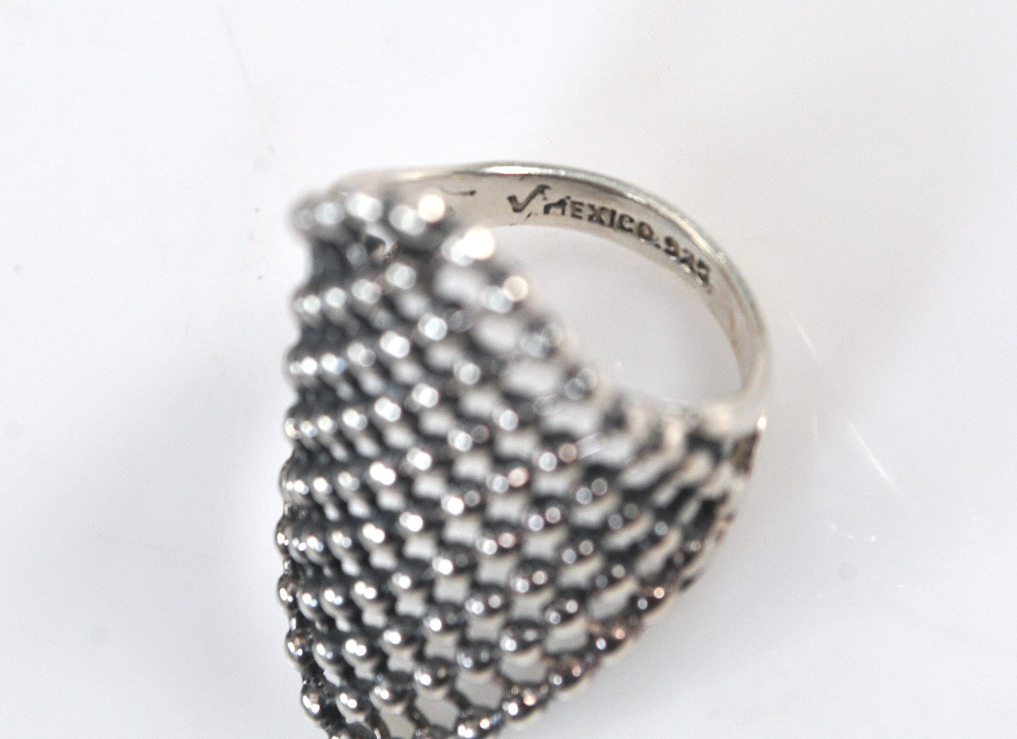 Vintage Sterling Silver Beaded Mesh Ring