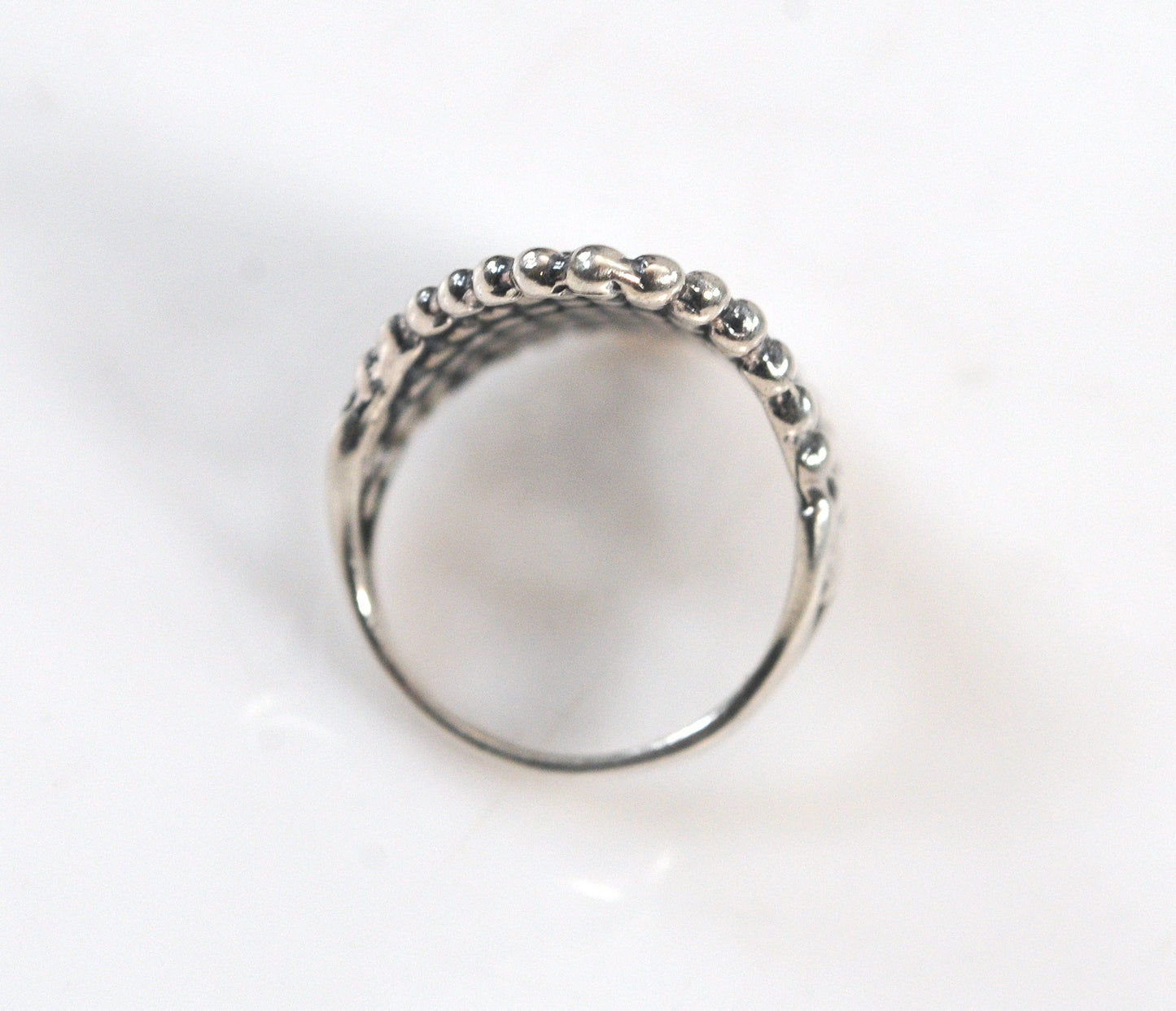 Vintage Sterling Silver Beaded Mesh Ring