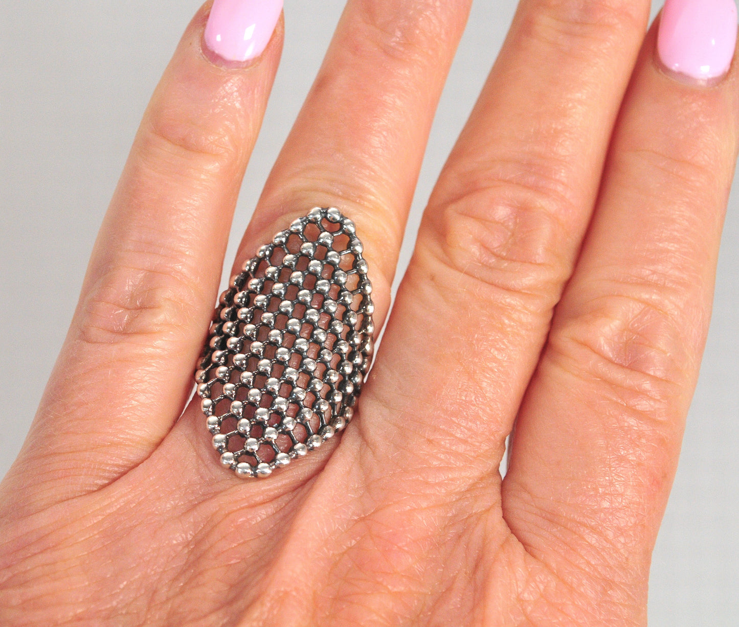 Vintage Sterling Silver Beaded Mesh Ring