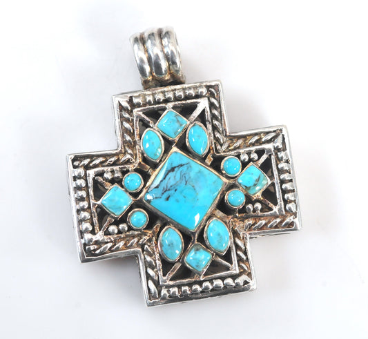 Signed Sterling Silver Turquoise Cross Pendant