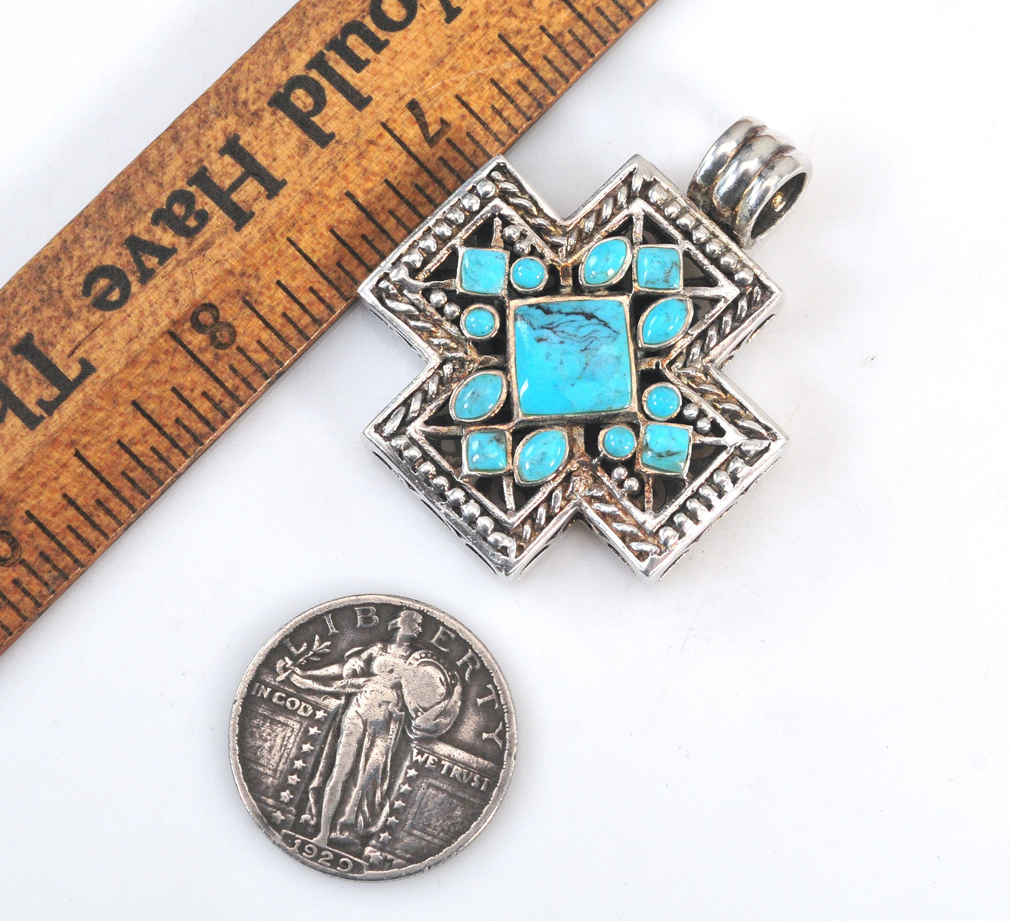 Signed Sterling Silver Turquoise Cross Pendant