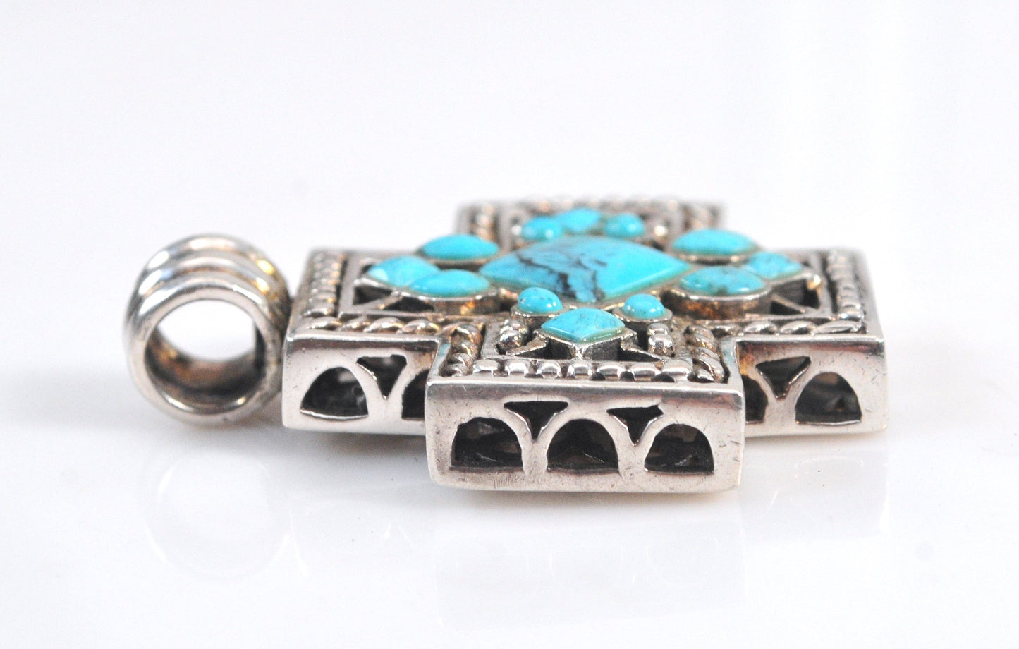 Signed Sterling Silver Turquoise Cross Pendant
