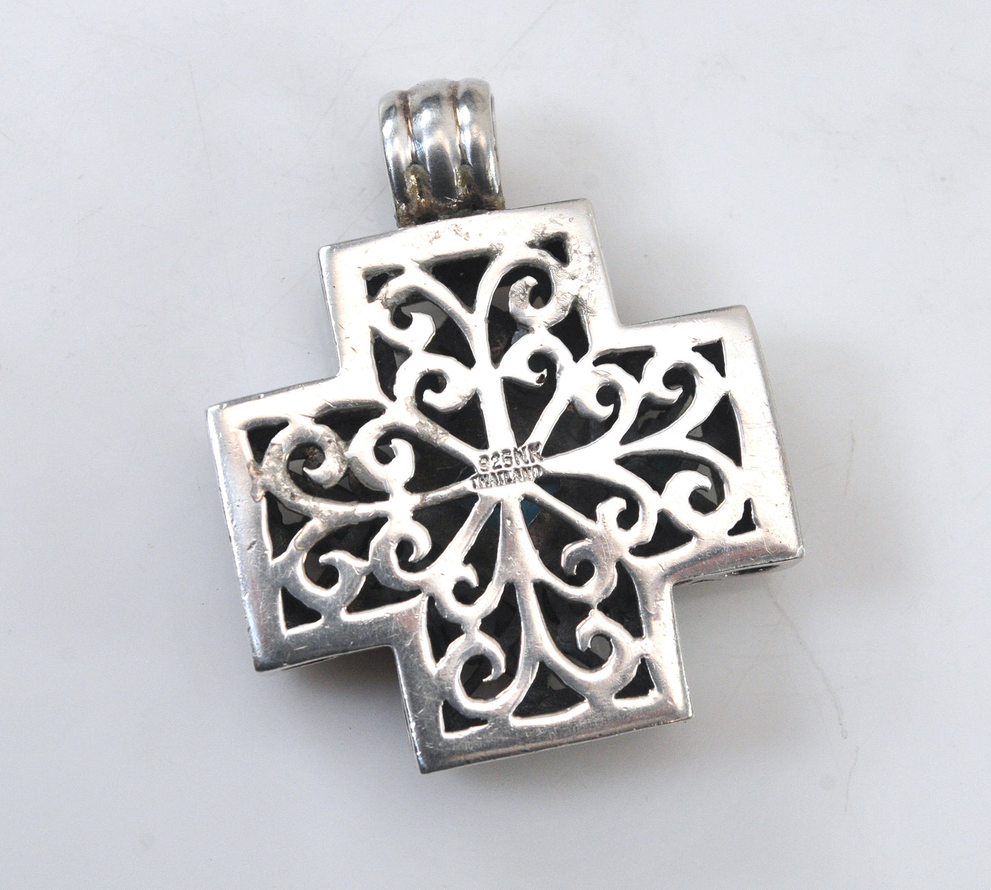 Signed Sterling Silver Turquoise Cross Pendant