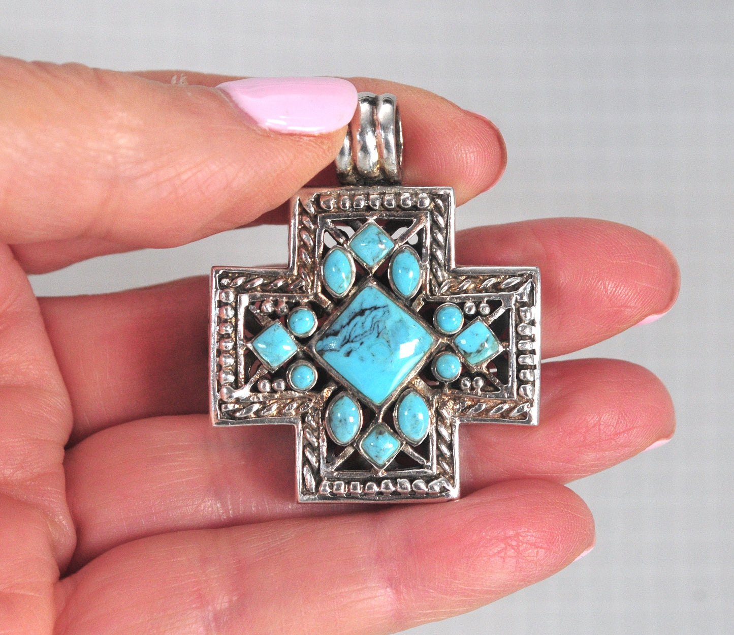 Signed Sterling Silver Turquoise Cross Pendant