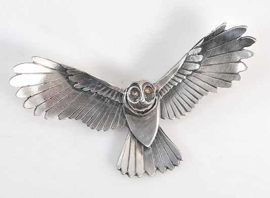 Large Sterling Silver Flying Owl Brooch