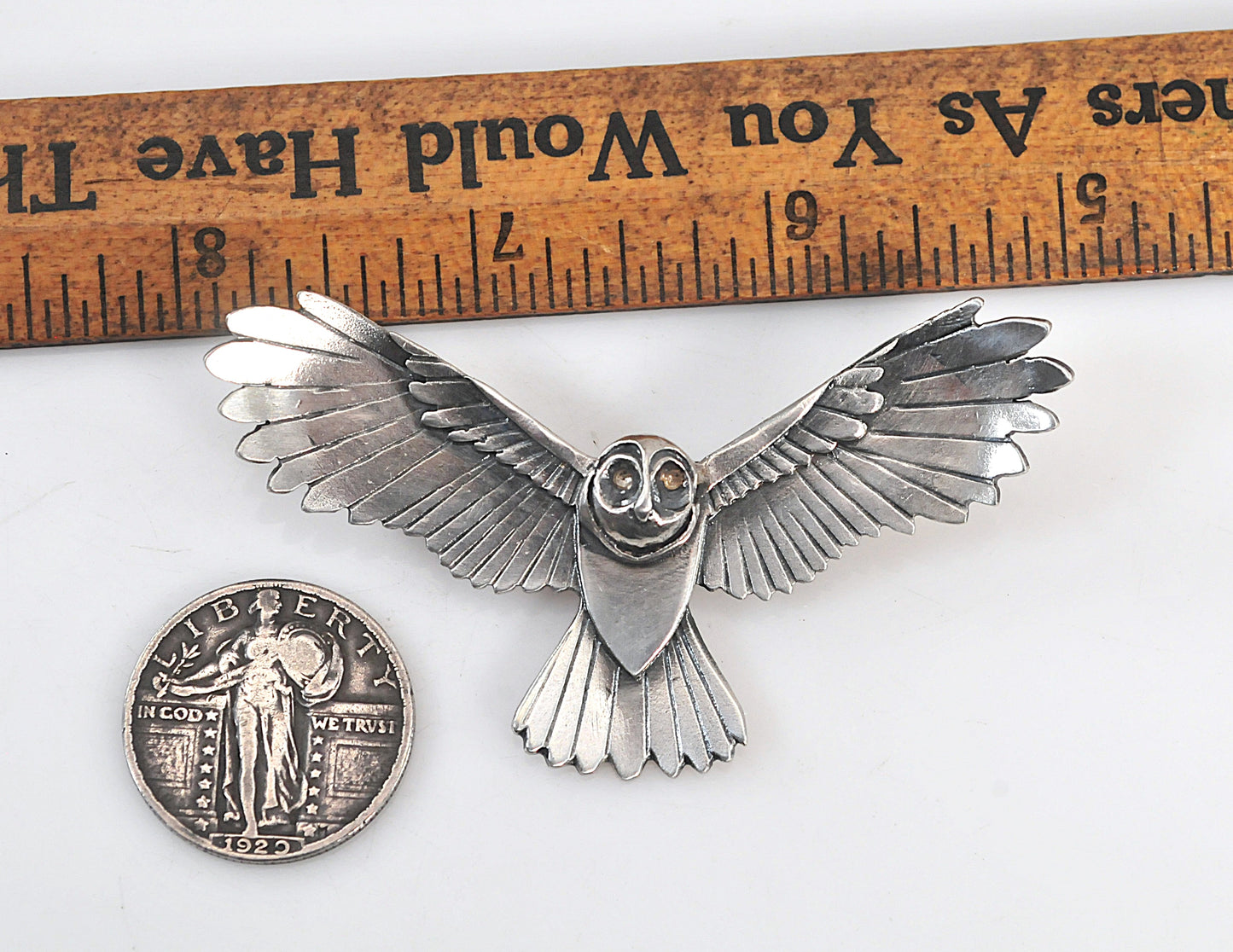 Large Sterling Silver Flying Owl Brooch