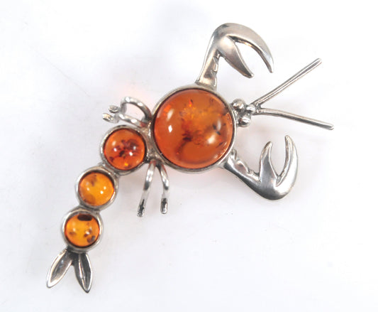 Vintage Sterling Silver Amber Scorpion Brooch