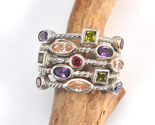 925 Sterling Silver Wide Multi-Strand Gemstone Ring