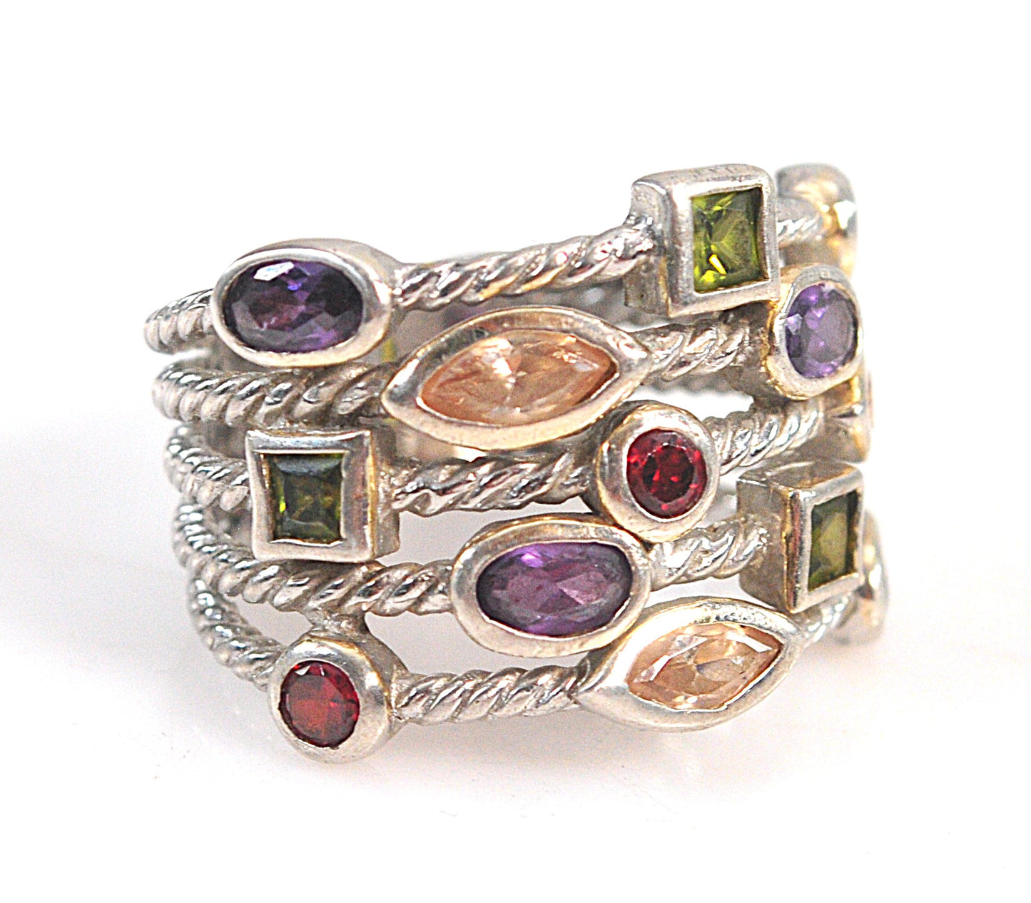 925 Sterling Silver Wide Multi-Strand Gemstone Ring