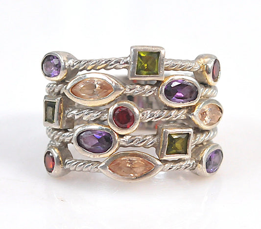 925 Sterling Silver Wide Multi-Strand Gemstone Ring